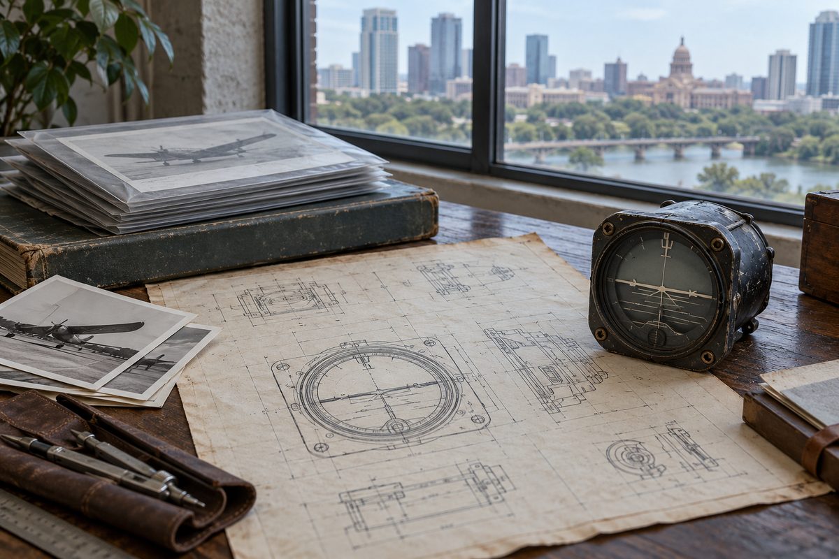 Clothbound portfolio case and editorial typesetting specimens on slate surface